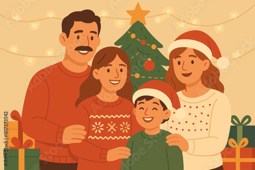 Festive tree portrait heartwarming vector fairy soft illustration composition gathering lights family