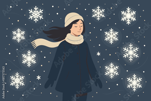 Lifting calm standing serenity elegant wind snowfall magical illustration glowing vector