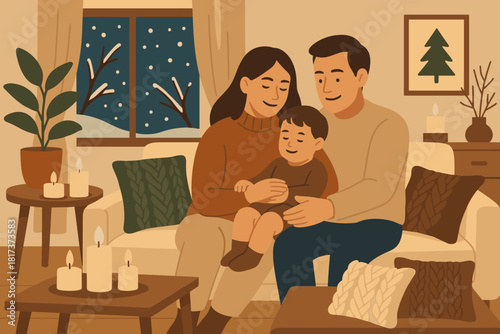 Cozy family illustration sofa holding living room vector closeness child home winter