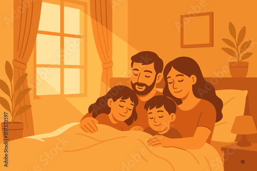 Cuddled illustration warm life peaceful family vector love representing glow unity bedroom
