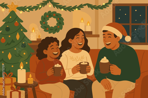 Cozy scene coziness vector christmas room cheer over laughing people illustration light