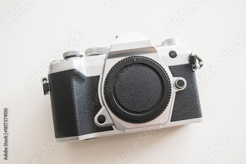 Modern digital camera with a vintage look, front view
