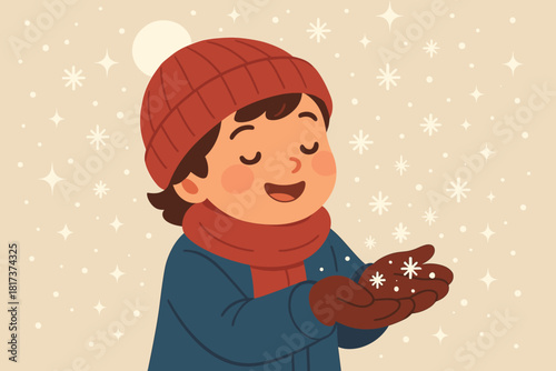 Snowflakes illustration child peaceful figure surrounding vector joy gloved innocence catching