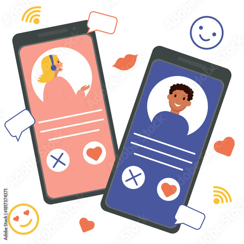 Two phones, guy and girl, online dating, dating app, love, online, mobile phone, date, heart, kiss, smiley, message, match