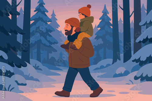 Emphasizing winter father adventure shoulders vector twilight bond forest family stroll walking