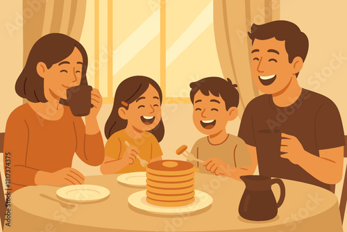 Breakfast through simple routine cozy morning curtains vector illustration pancakes scene family