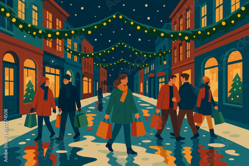 Vector shopping reflections festive city vivid street garlands people illustration windows