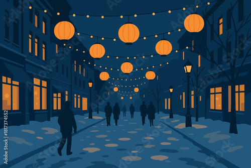 Night illustration year captured new calm glowing silhouettes urban reflections people vector