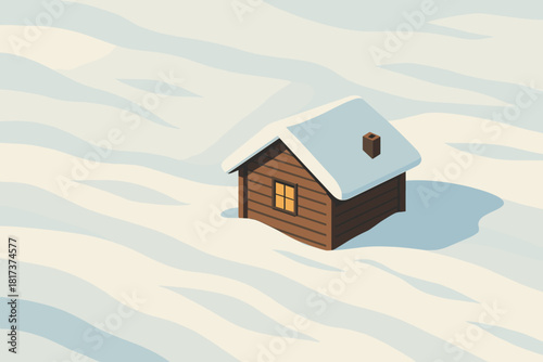 Simple cabin open isolation geometric illustration gentle snowfield vector snowdrifts calm
