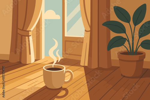Illustration steaming floor vector cozy nearby sunlight warmth scene curtains serenity morning