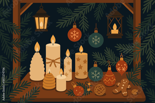 Vector market illustration christmas creating table ambiance charm around pine intimate calm