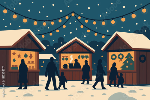 Illustration string vector through stalls festive flat showing walking market stroll simple