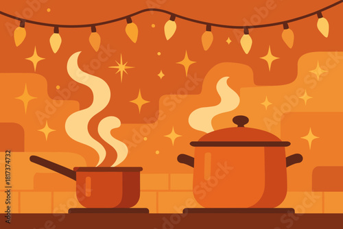 Illustration minimalist vector depiction shapes festive warm abstract scene pots celebration kitchen