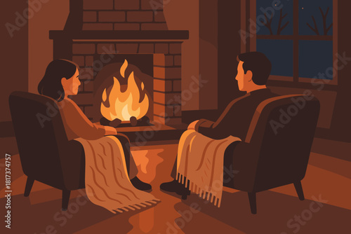 Retreat peaceful couple intimate illustration reflecting vector blankets fireplace off wool firelight
