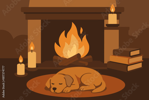 Scene winter glow rug hearthside soft highlighting illustration hearth dog vector cozy