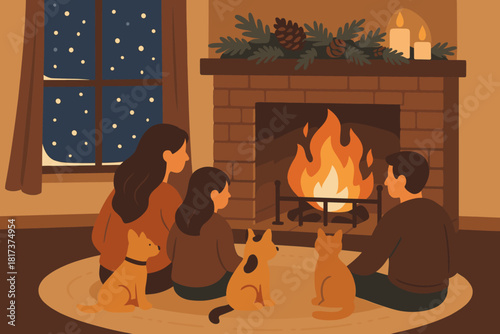 Snow candles evening pets vector fireplace cozy glowing winter illustration family