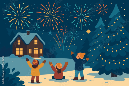 Winter illustration magical joyful house from decorated children lights celebration vector