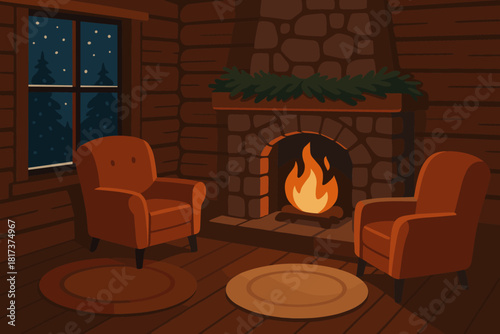 Cozy night vector fireplace cabin falling view warm light illustration armchairs snow