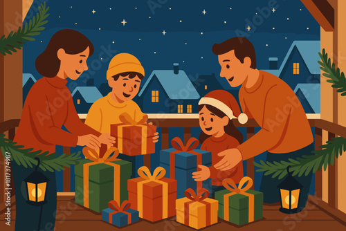 Family balcony vector illustration arranging rooftops glowing festive around garlands below scene