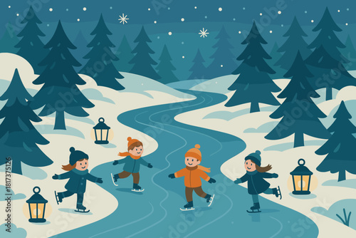 Illustration river casting atmosphere landscape skating wonderland ice winter snowy vector lining