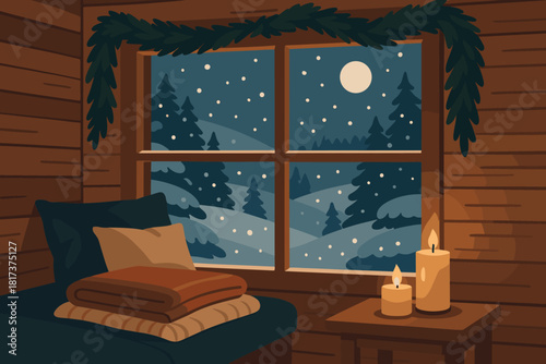Warm soft showing cozy cabin indoors tranquil interior retreat garlands illustration winter