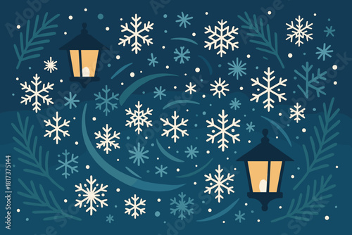 Conveying magic vector minimalist movement branches flat illustration scene swirling lanterns winter