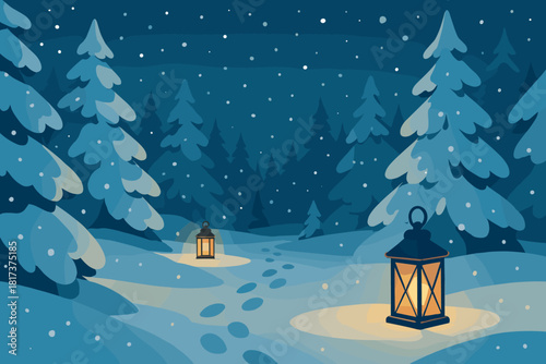 Magical footprints soft illustration winter lanterns snow vector covered peaceful night visible