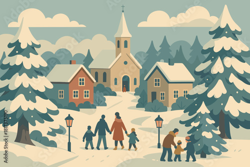 Soft atmosphere serenity morning illustration vector church christmas to walking trees peaceful