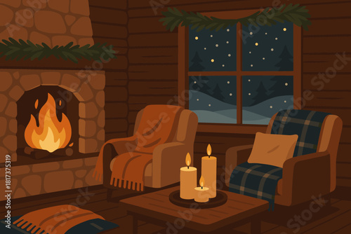 Outside winter snow candles illustration vector visible cabin pine glowing evening chairs