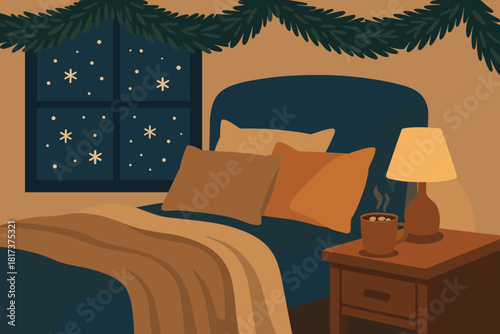 Visible soft pine vector cozy bedroom pillows winter lamp illustration snowflakes peaceful