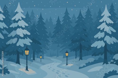 Vector scene forest illustration visible lanterns along frosty footprints trails panorama snow