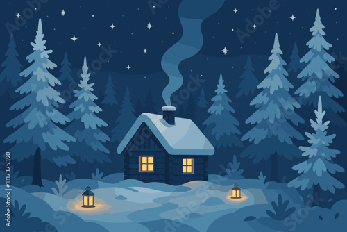 Illustration vector frost forest cabin starry clearing smoke night frosty retreat pine