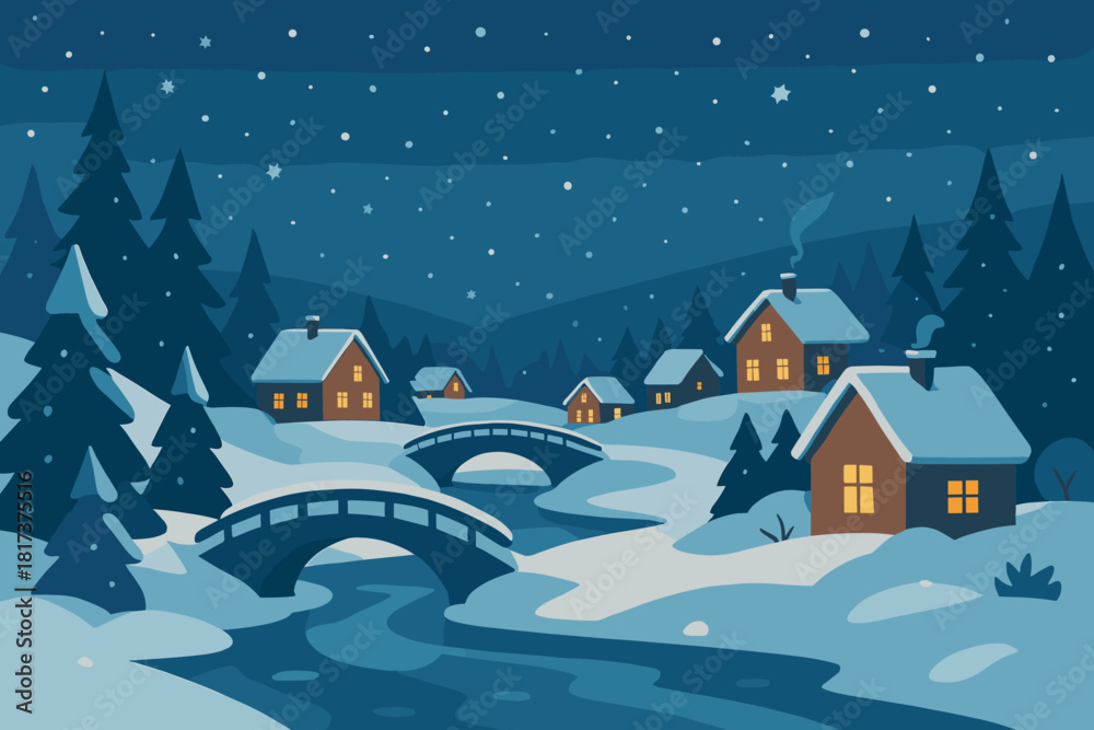Fototapeta premium Pine bridges serenity snowflakes drifting cottages illustration vector snowy winter running along
