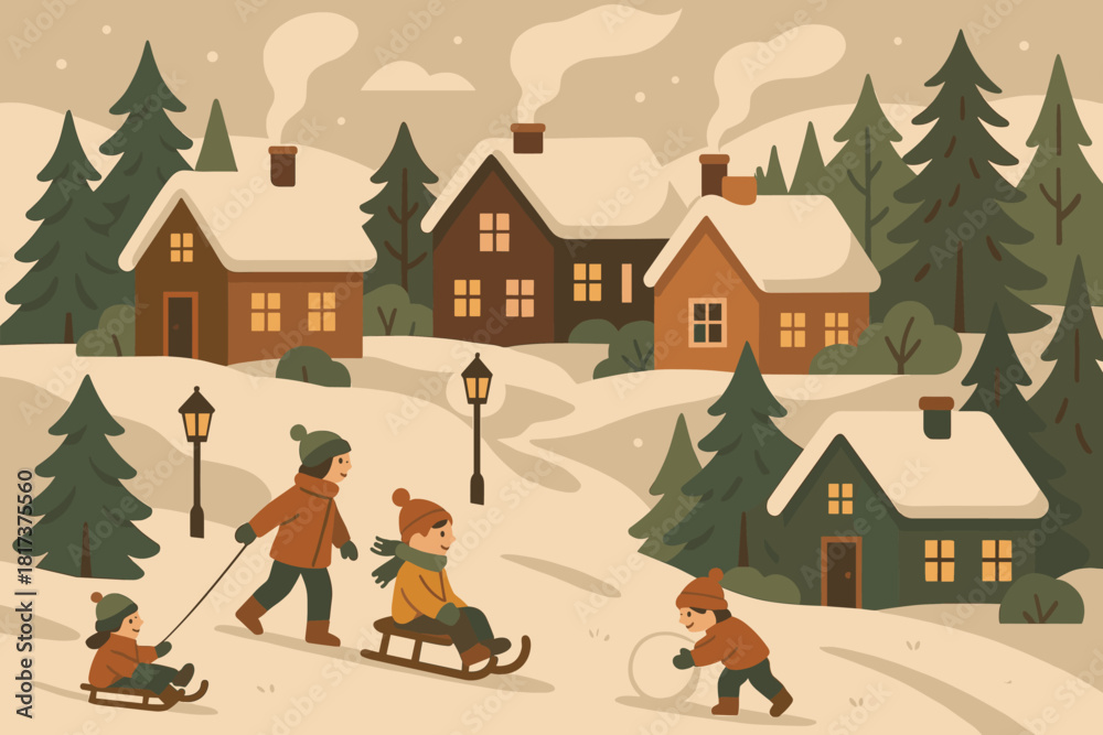 Obraz premium From charm cozy lanterns village christmas peaceful vector glowing illustration smoke scene