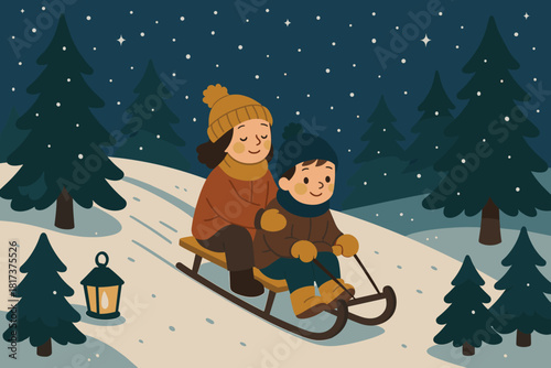 Trees falling night pine down winter vector sledding delight children atmosphere calm