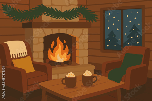 Gently illustration interior cocoa retreat table cozy vector garlands fireplace cabin blankets