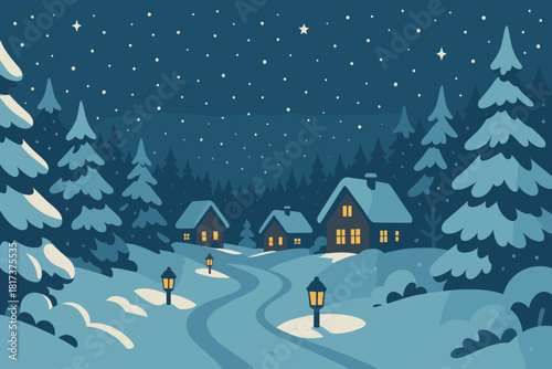 Winter illustration panoramic glowing windows view snow pine sky soft forest serenity