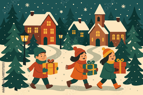 Vector pine winter holiday illustration streets joyful village festive trees carrying stroll