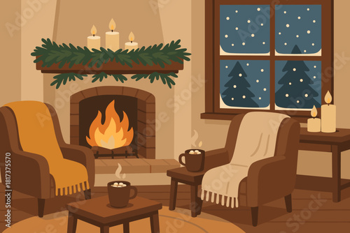 Cocoa garlands living pine snow vector softly winter mugs cozy retreat falling