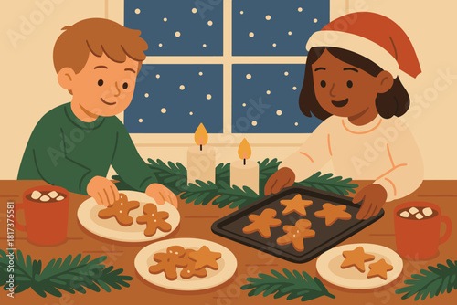 Visible illustration vector outside snow plates cozy cookies holiday baking nearby window