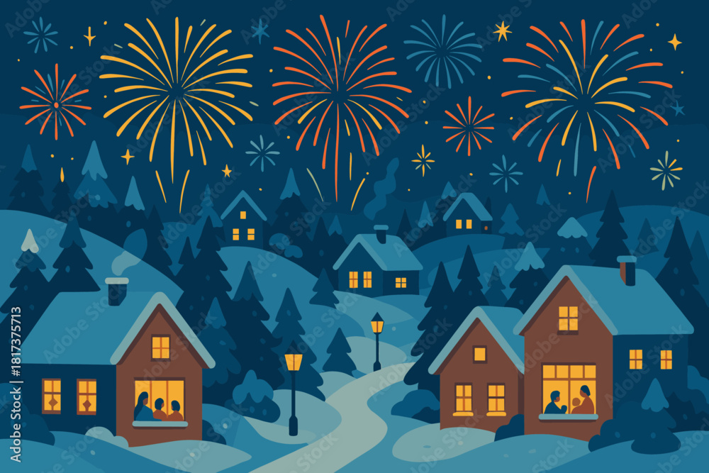 Obraz premium Lanterns festive watching night illustration fireworks from trees pine over windows vector