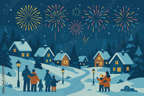 Fireworks streets vector sky families along watching above winter illustration festive pine