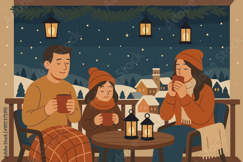 Village balcony winter illustration vector evening bliss starry drinks decorating lanterns family