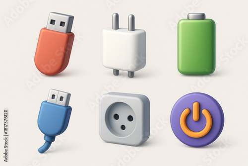 3D Electronics Icon Set – USB, Charger, Battery, and More