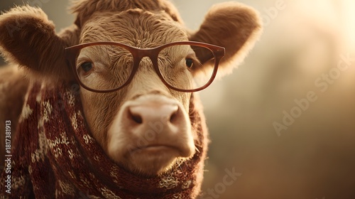 Close-up of a brown cow wearing glasses, looking directly at the camera with a serious expression, in warm sunlight.