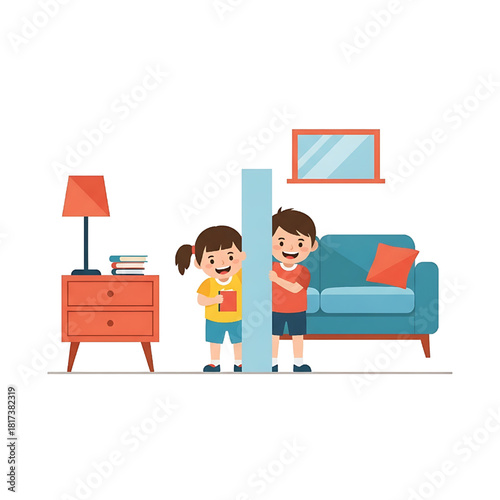 Children Playing Hide and Seek in Living Room Cartoon