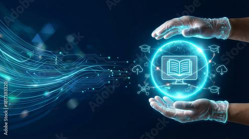 E-learning and global education technology for digital knowledge. Hands holding a network globe with online course icons