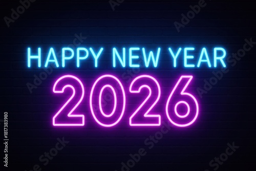 Happy new year 2026 neon sign glowing on brick wall