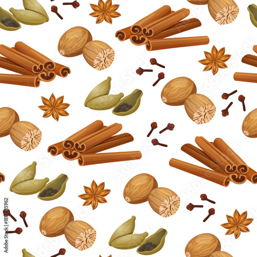 Seamless vector pattern of aromatic spices on white background including cinnamon sticks, whole and halved nutmeg, star anise, cardamom pods and cloves, botanical culinary design for packaging, etc.