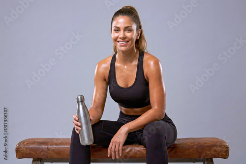 Mujer sonriente descansando después del entrenamiento con botella de agua